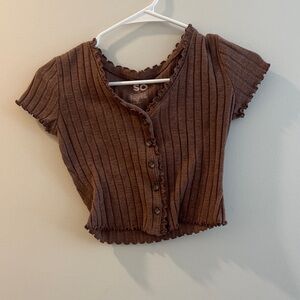 SO Chocolate Brown Ribbed Short-Sleeve Button Crop Top
